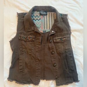 Miss Me Brown Denim Vest with Colorful Lining